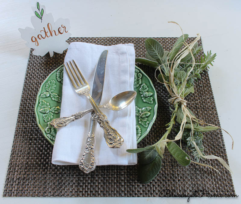 fall place setting with gather sign and herbs