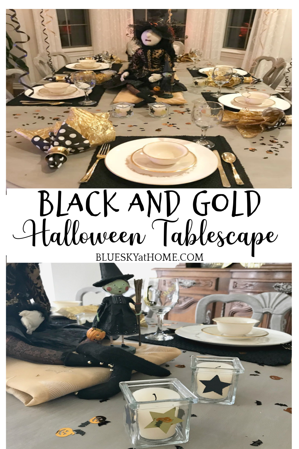 Black and Gold Halloween Tablescape - Bluesky at Home