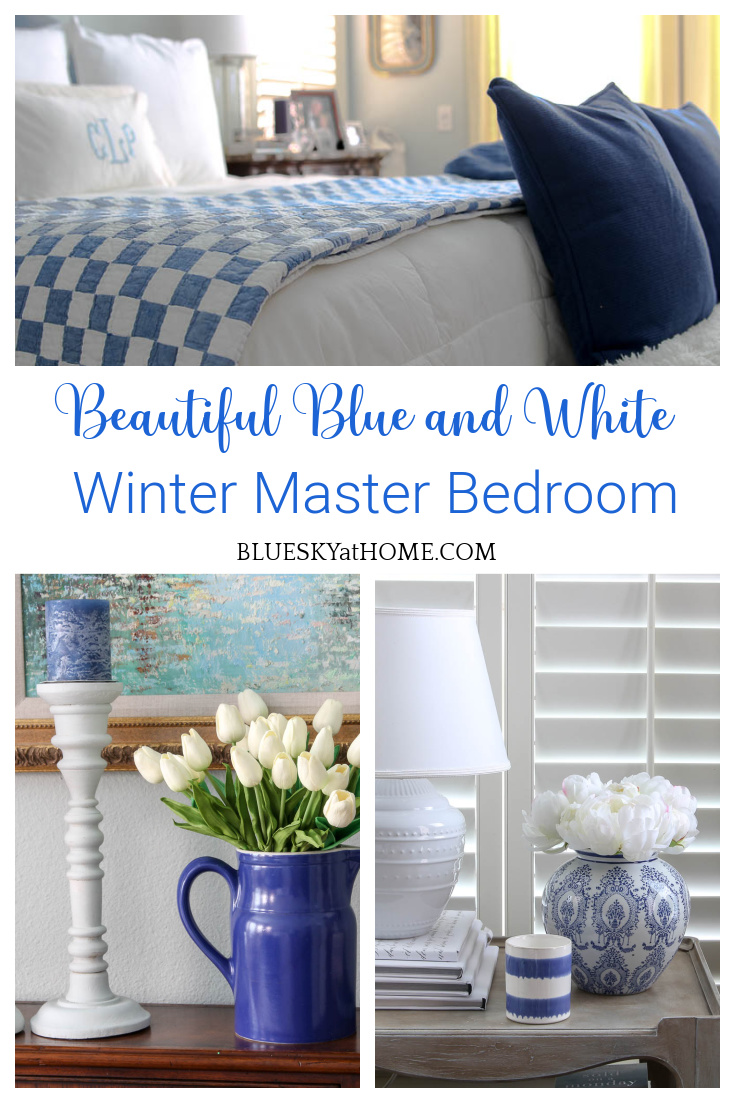 Beautiful Blue and White Winter Master Bedroom