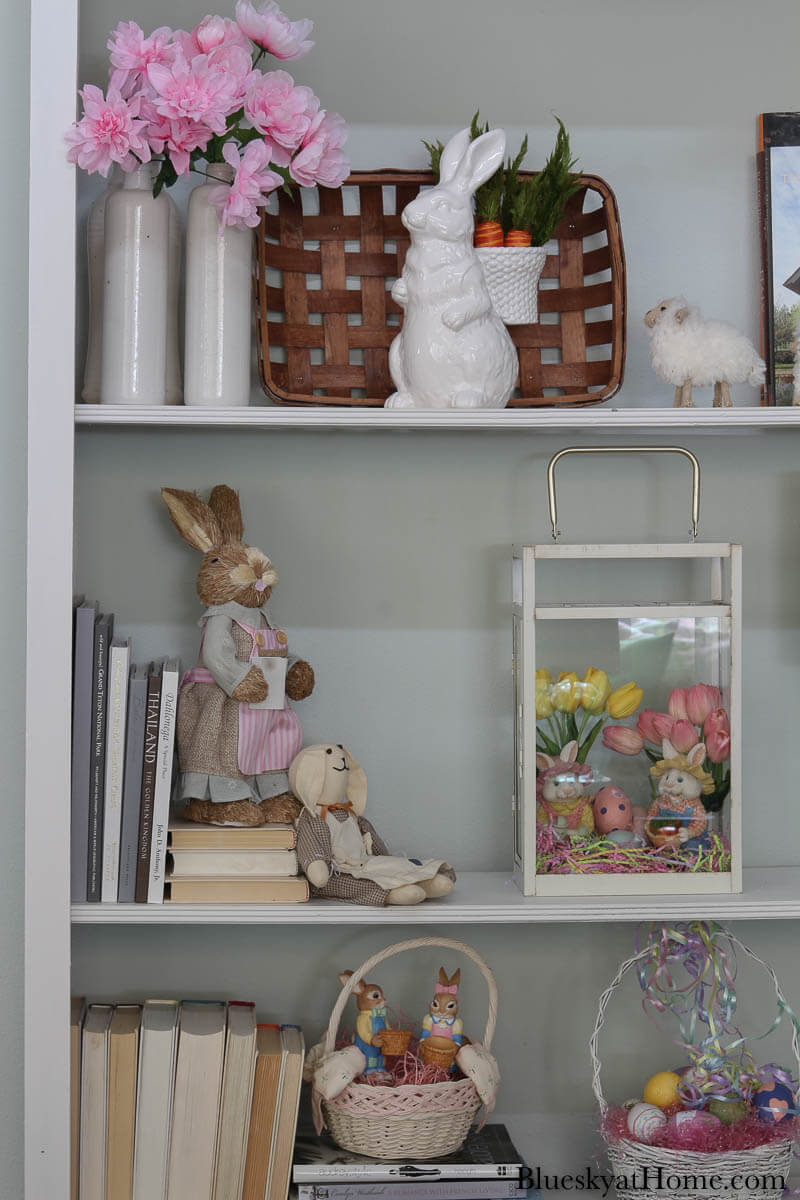Easter decorations on bookcase
