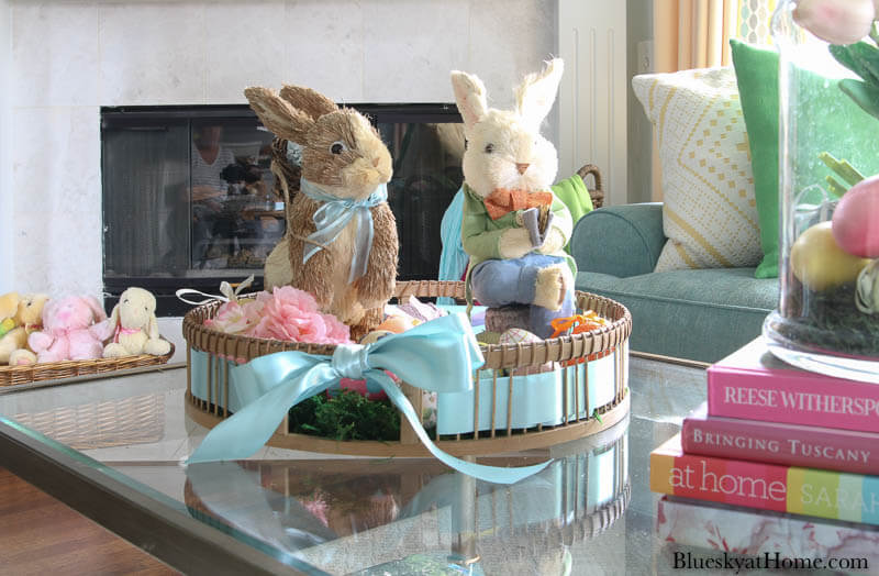 Easter bunny vignette on coffee table