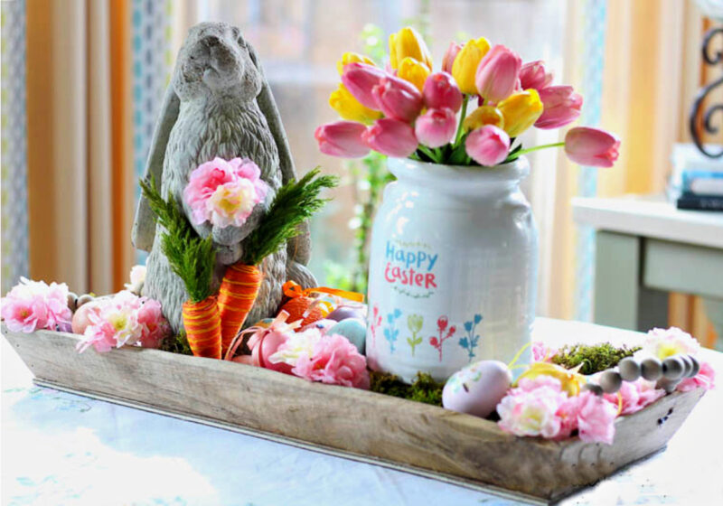 Easter centerpiece with tulips in wood dough bowl