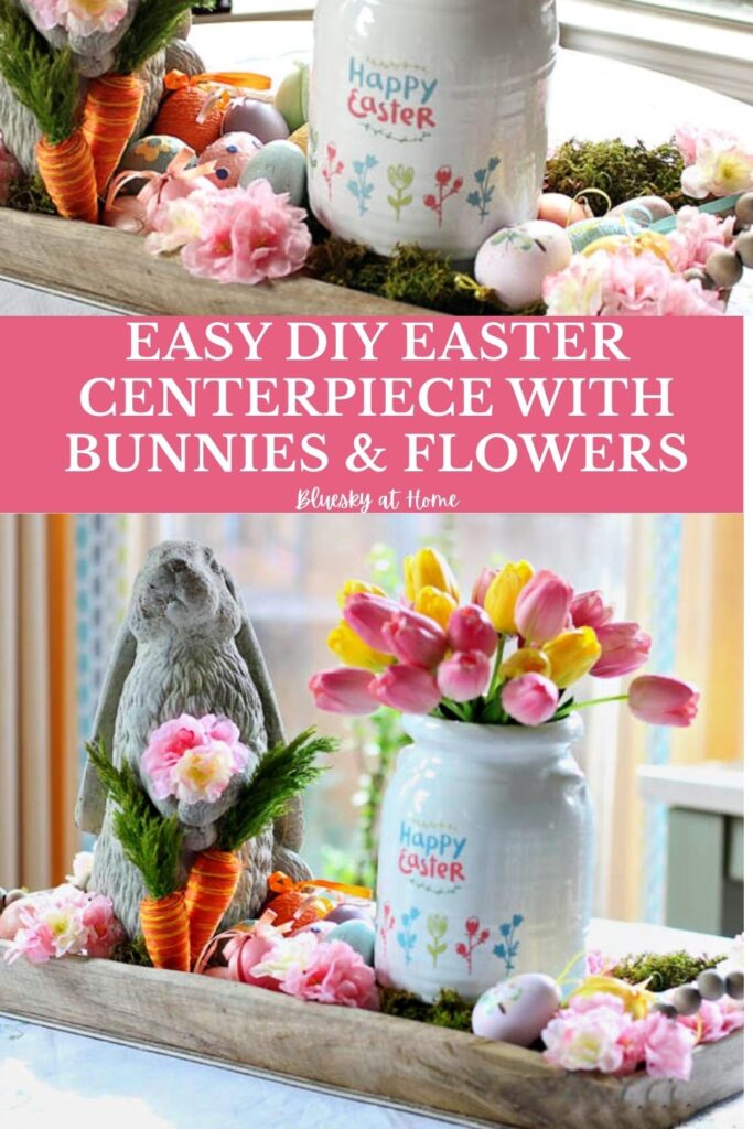 easy Easter DIY centerpiece with bunnies and spring flowers graphic