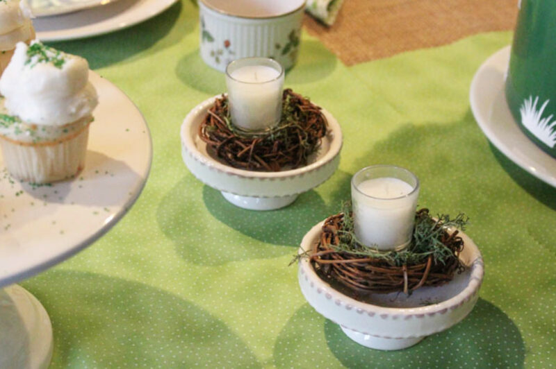 two small bird's nest on green polka-dot tablecloth