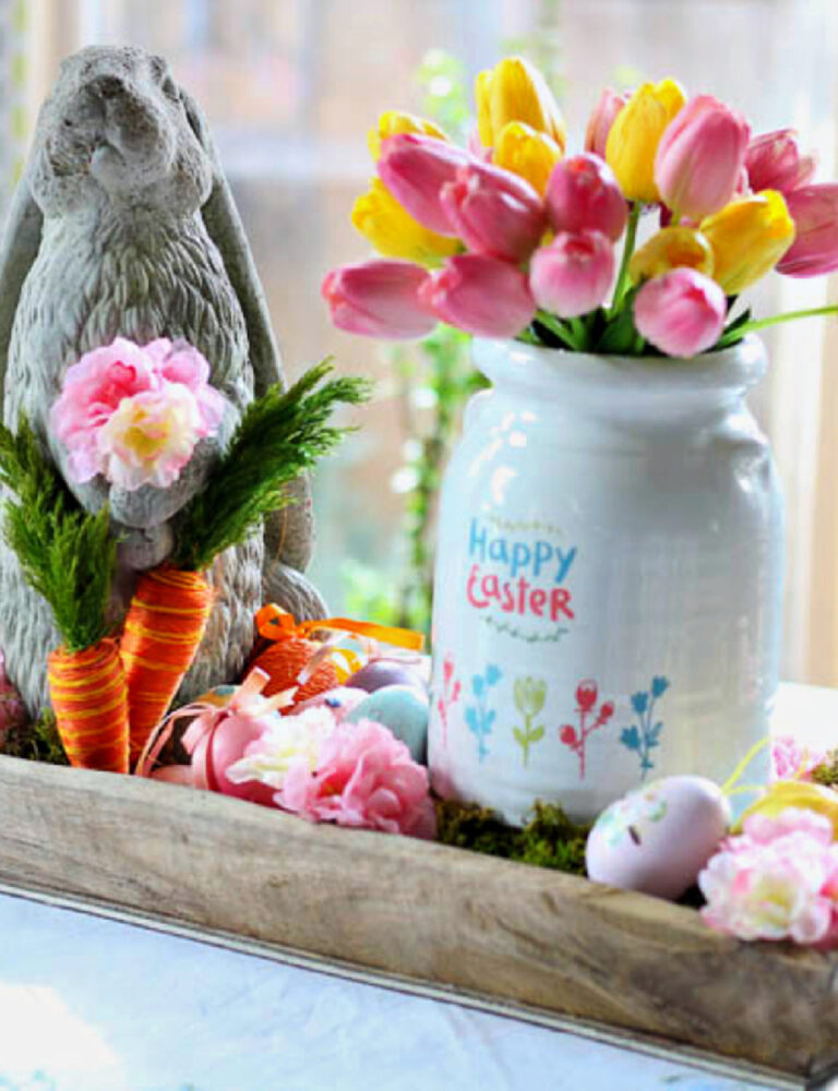 white painted ceramic vase with spring flowers and bunny