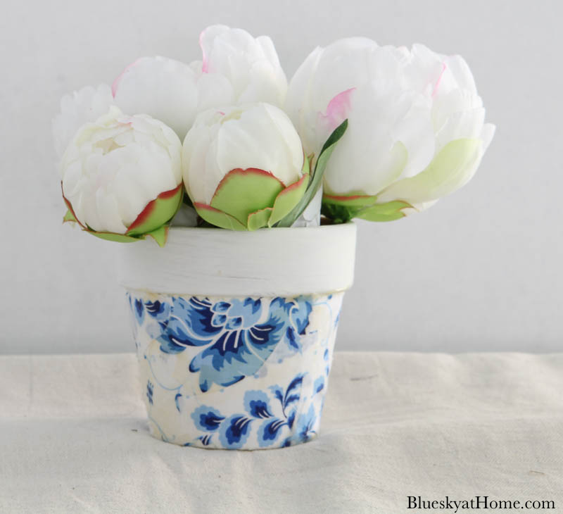 white peonies in blue and white terra cotta pot