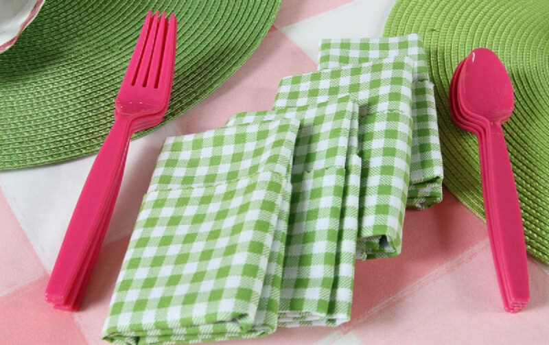 green and white gingham napkins with pink plastic forks