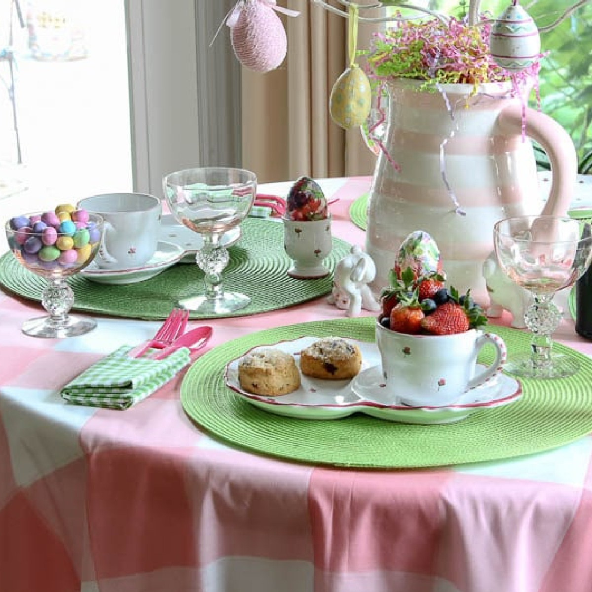 Easter tree on a Easter tablescape for an Easter tea party.
