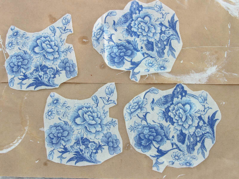 4 pieces of cut chinoiserie napkin with the back removed