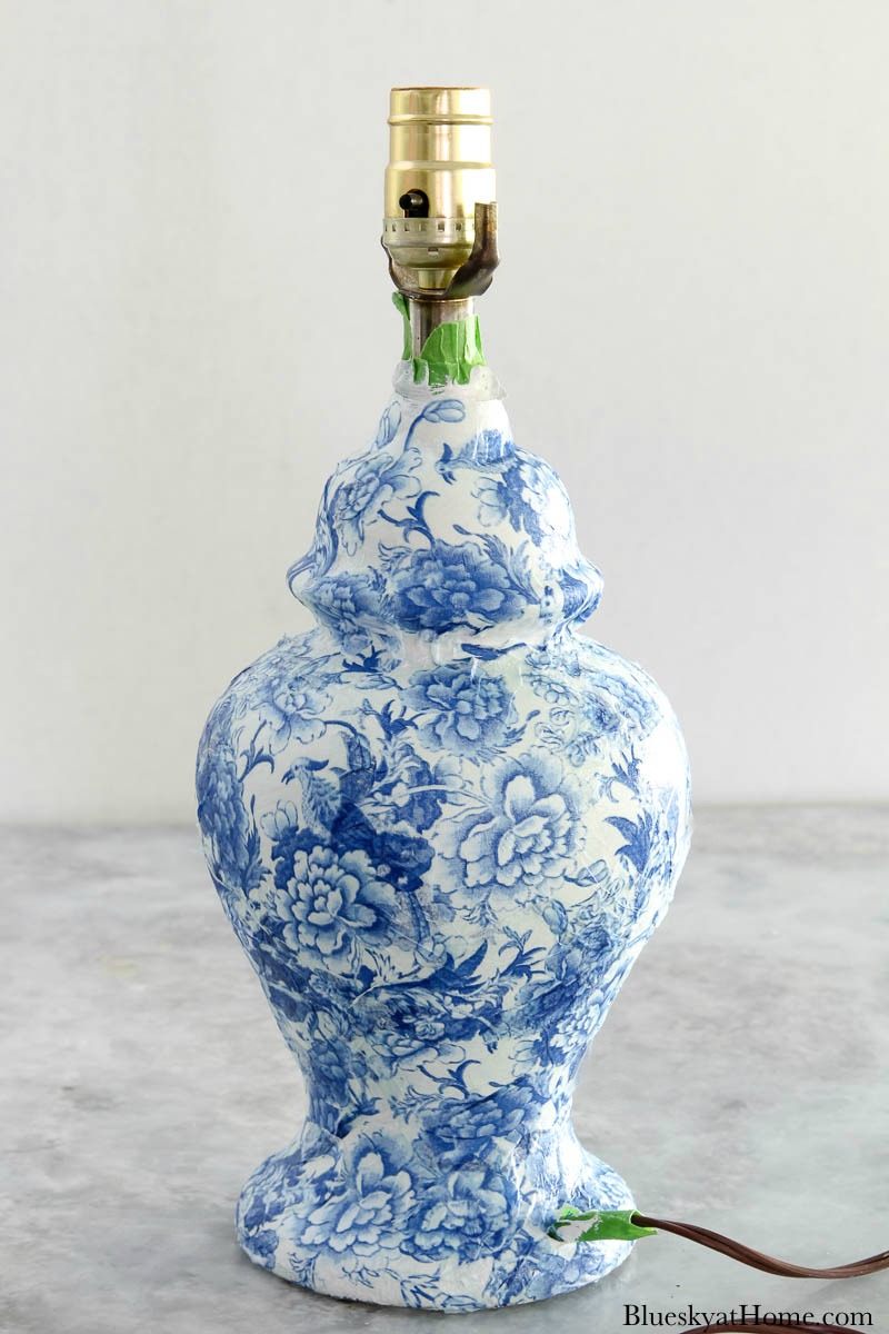 blue and white Chinoiserie Style Lamp with Decoupage.