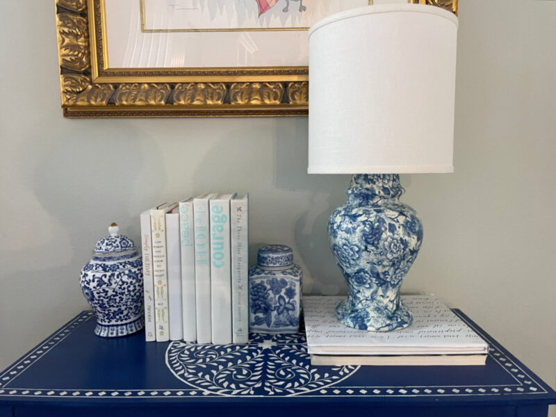 decoupage chinoiserie lamp on blue chest