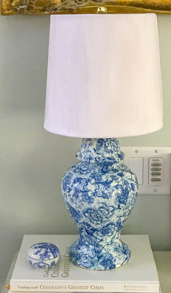 blue and white Chinoiserie Style Lamp with Decoupage.