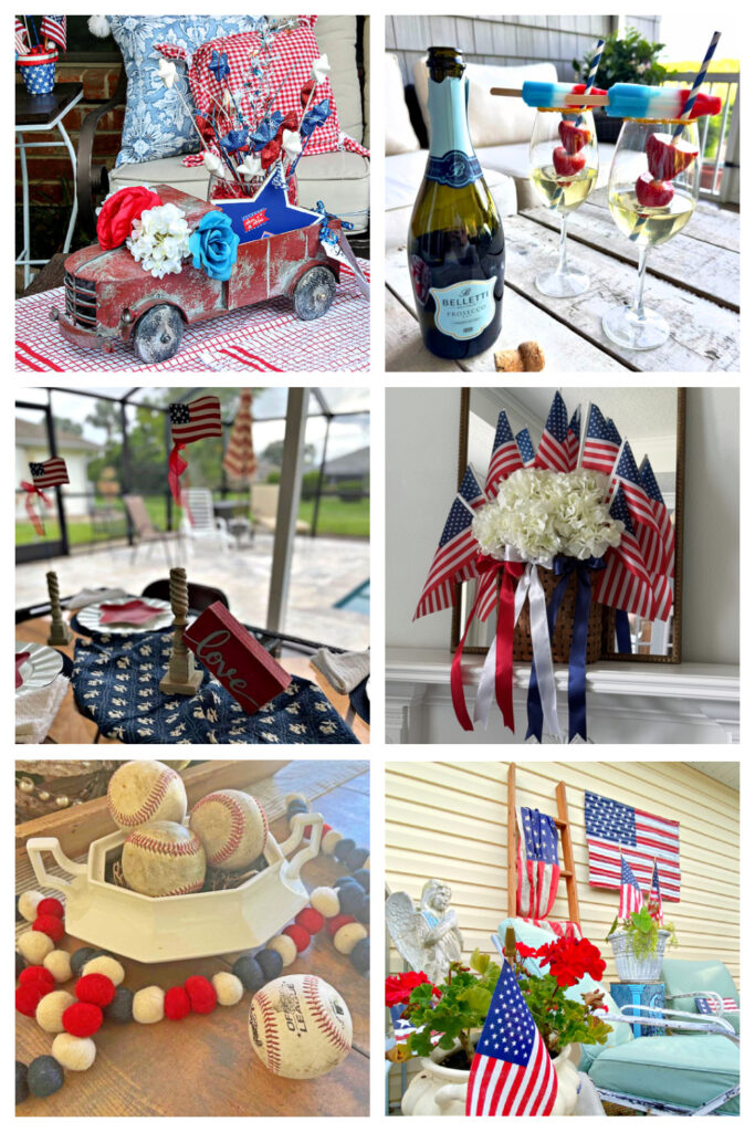 collage of 4th of July DIY projects and vignettes and cocktail
