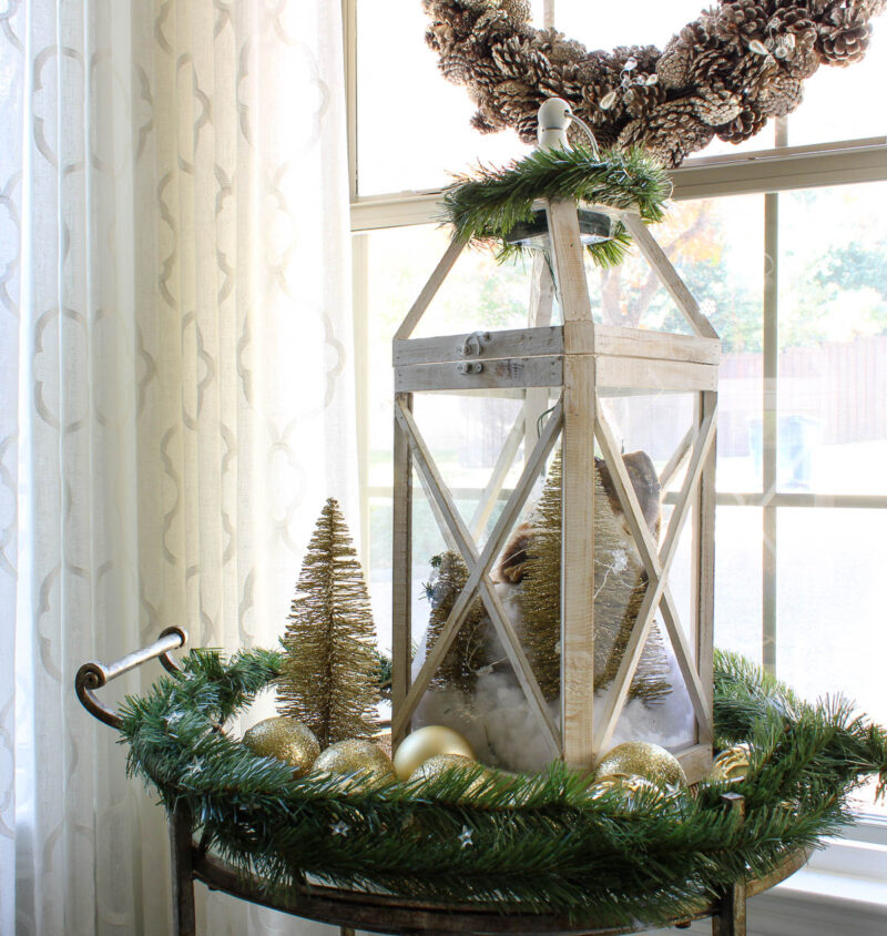 white wood latern with Christmas decorations