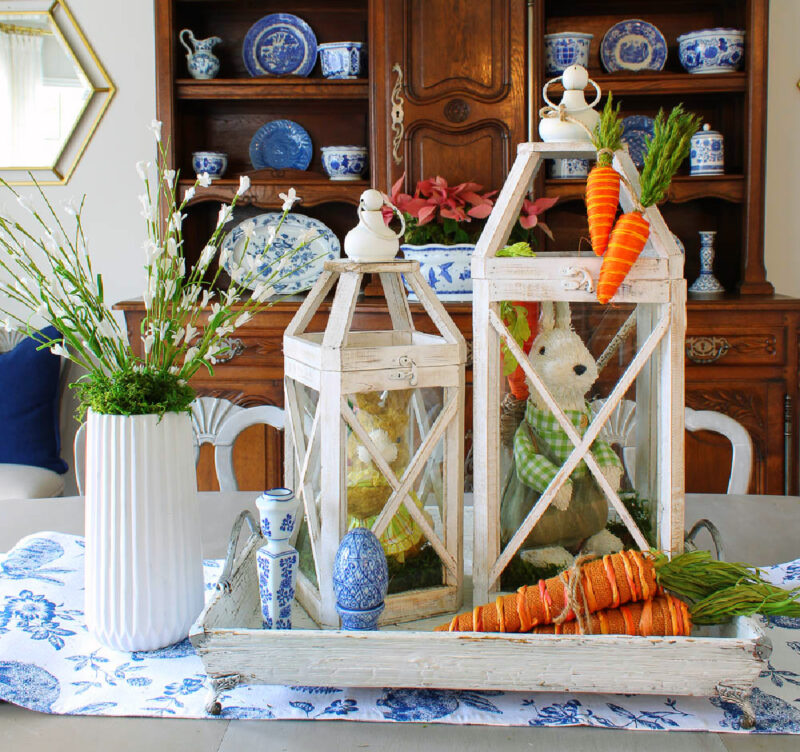 spring/Easter centerpiece with white lanterns