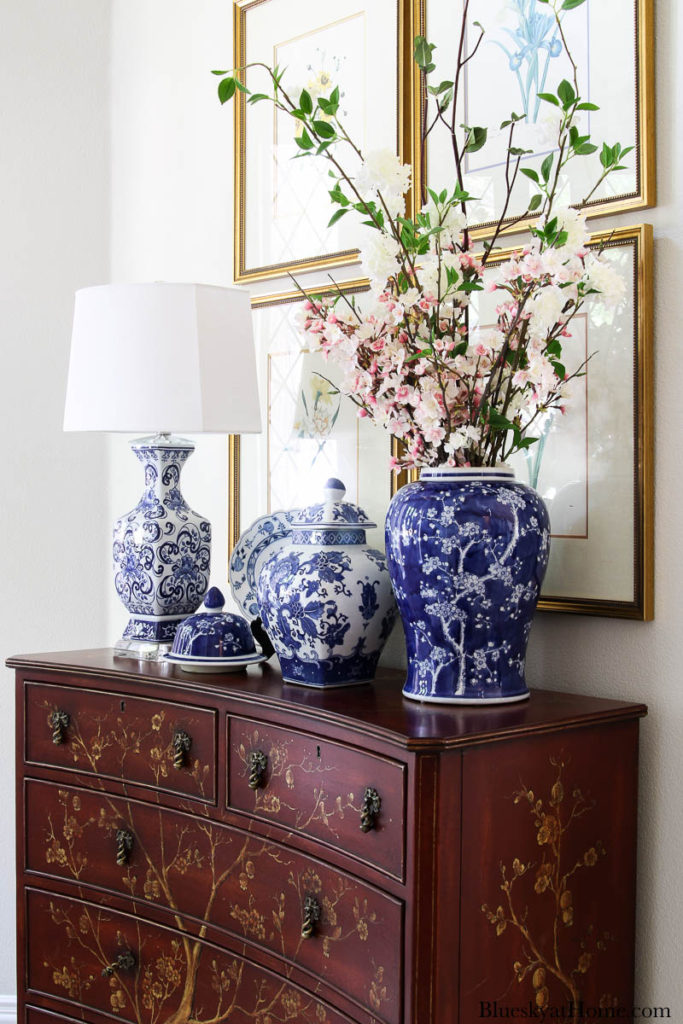 Blue and White chinoiserie decorative Accessories on vintage dresser 