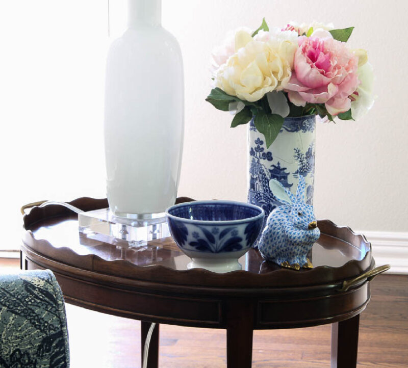 blue and white items on table top