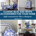 display of blue and white chinoiserie on chest in entry with botanical art graphic