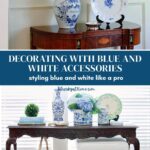 display of blue and white chinoiserie on chest in entry with botanical art graphic