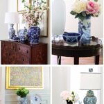 display of blue and white chinoiserie on chest in entry with botanical art graphic