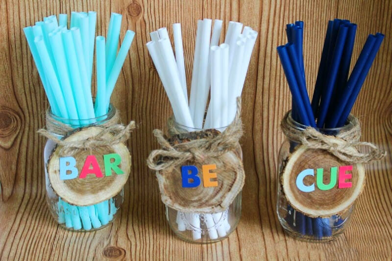 straws in decorated mason jars