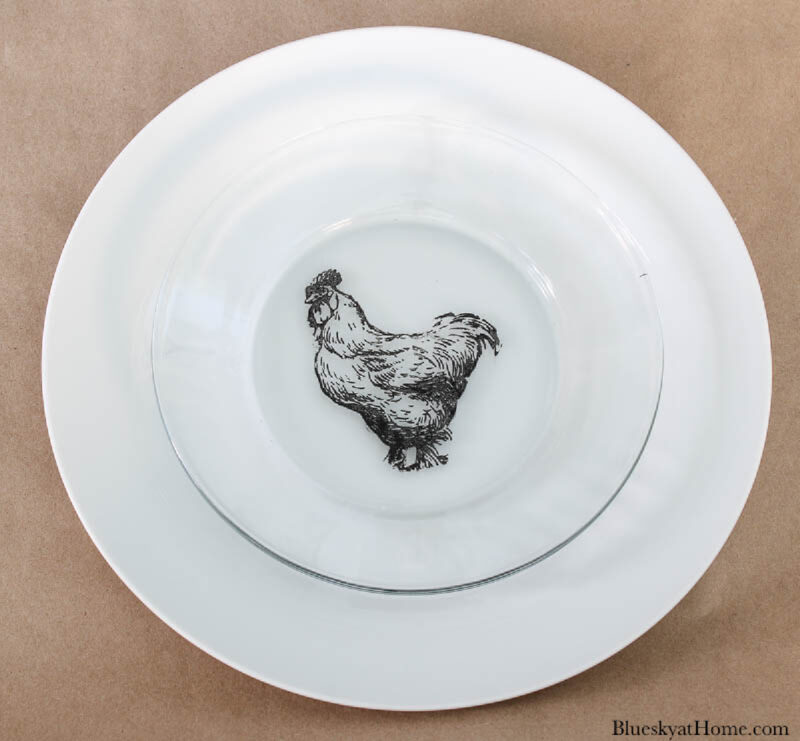 chicken stencil on glass plate with ceramic paint