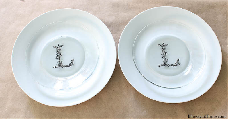 L monogram stencil on glass plate with ceramic paint