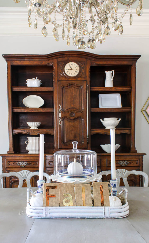 blue and white fall vignette on table