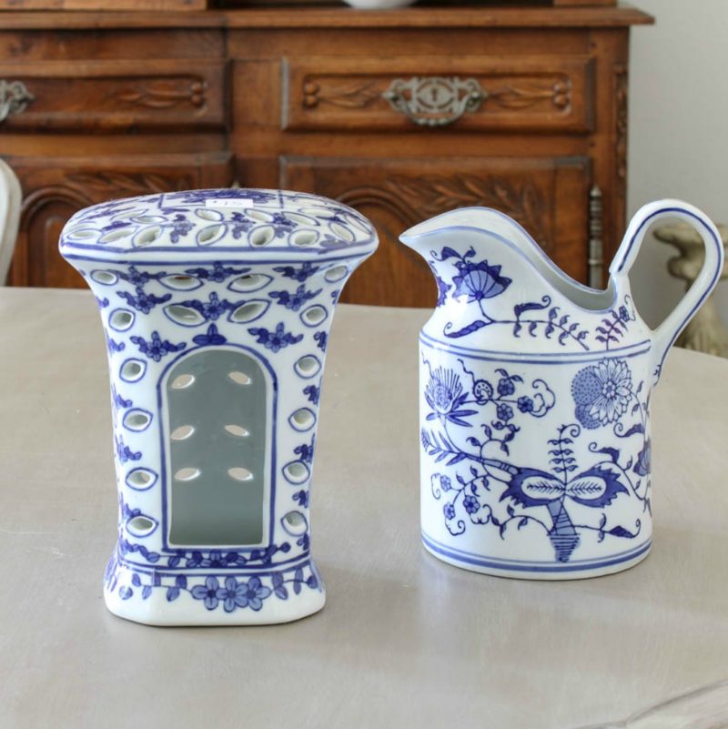 blue and white dishes for fall vignette