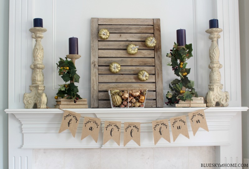 early fall mantel with teak shutter on mantel with banner