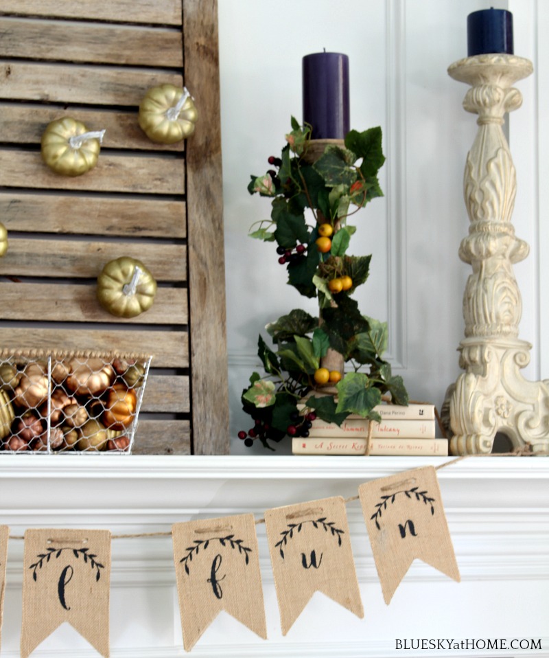 early fall mantel with teak shutter on mantel with banner 