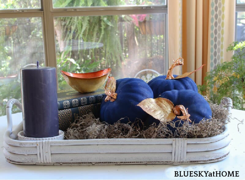 fall vignette with blue pumpkins