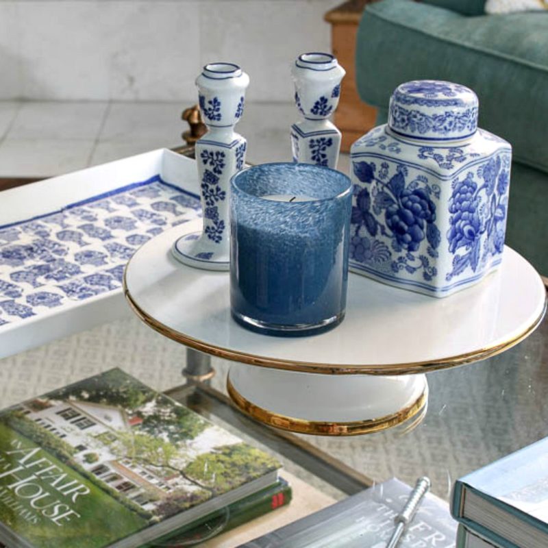 blue and white dishes for fall vignette