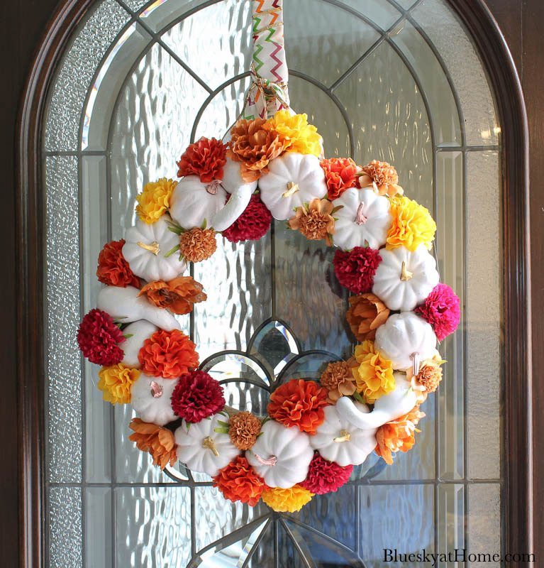 pumpkin wreath on front door