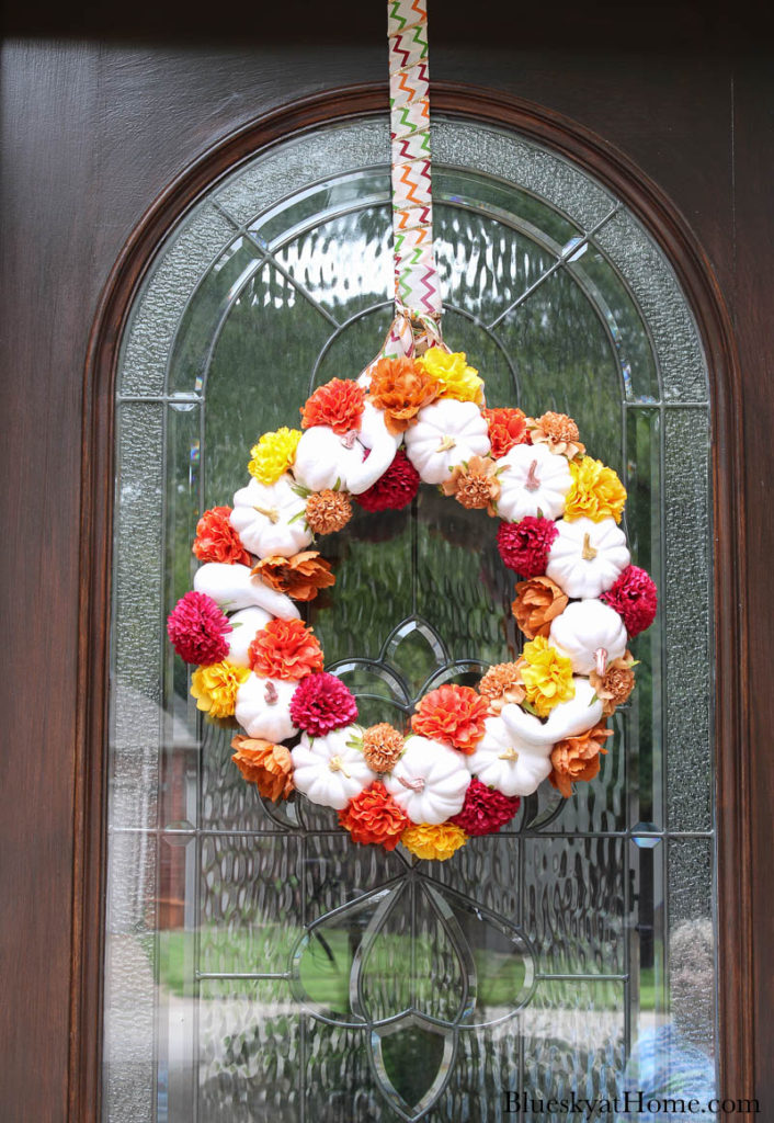 pumpkin wreath on front door
