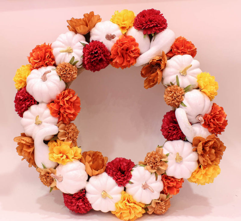 pumpkin wreath on front door