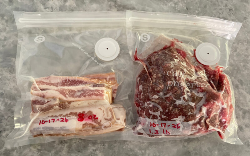 chili meat and bacon in vacuum freezer bags
