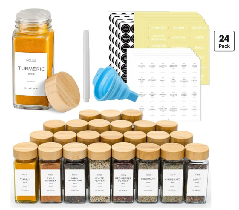 set of glass spice jars with wood tops