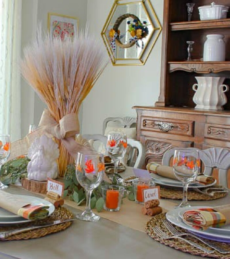 wheat centerpiece on Thanksgiving tablescape