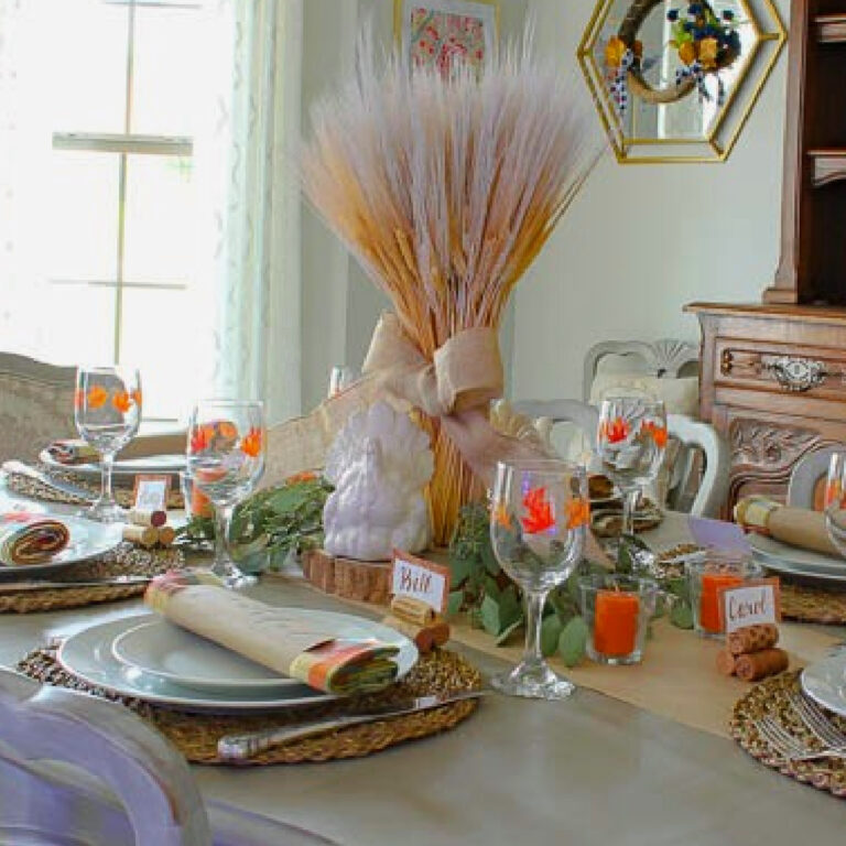 wheat centerpiece on Thanksgiving tablescape