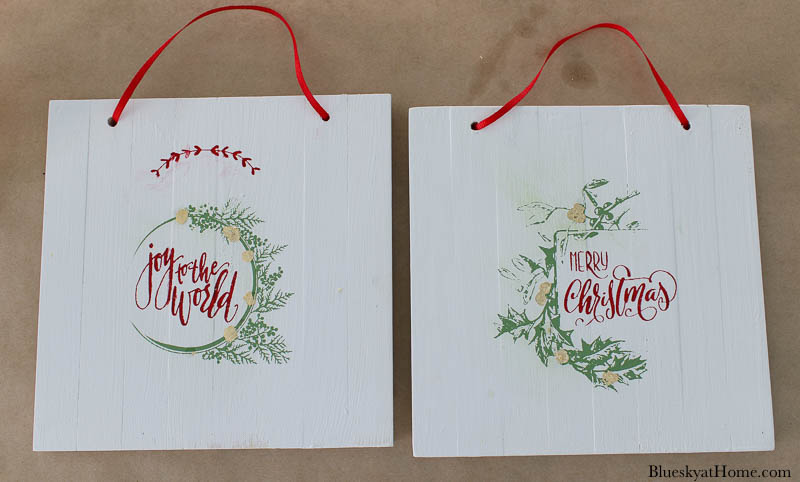 wood Christmas signs with ribbon hangers