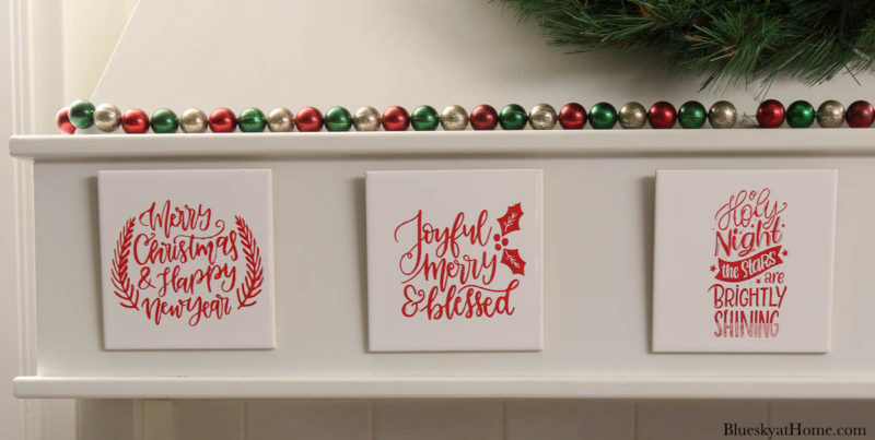 Christmas tile with stencils on stove hood