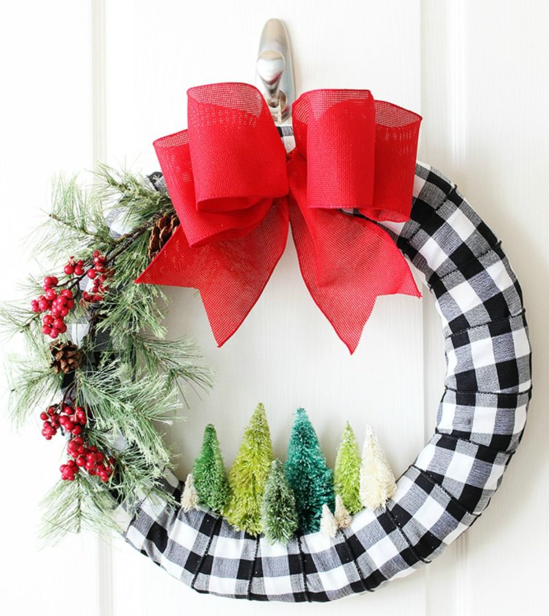 black and white buffalo check wreath with red bow