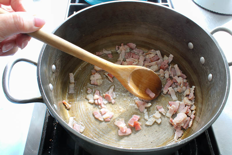 cooking chopped bacon in pot