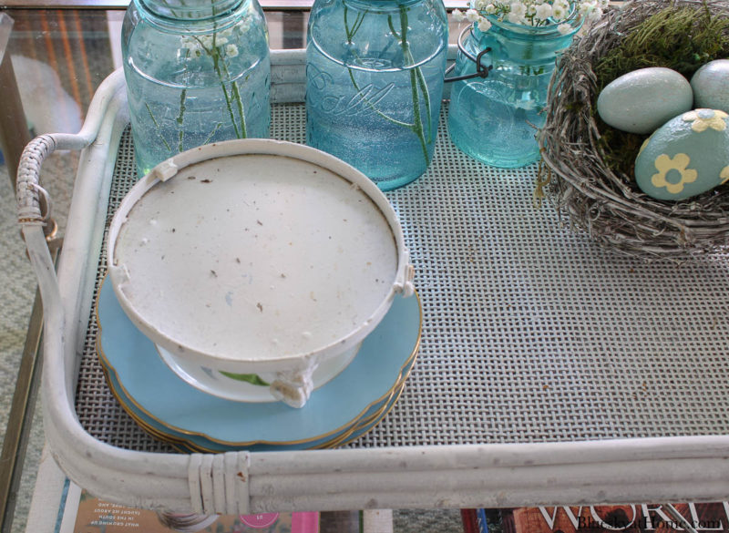 birdcage on blue plates on white tray