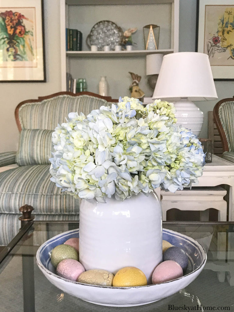 hydrangeas in white container