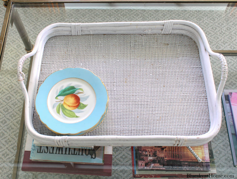 white tray with blue plates and