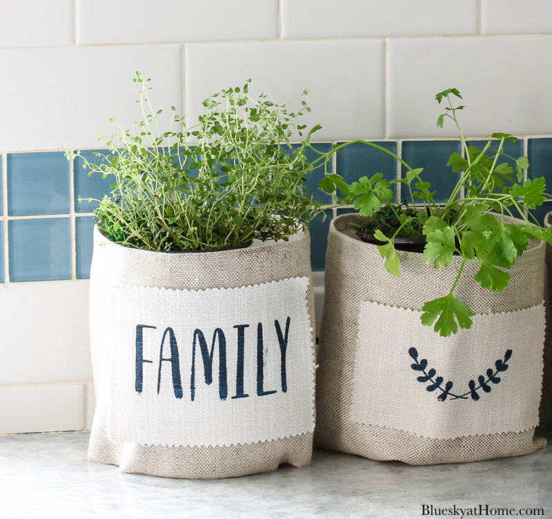 fabric-covered clay pots with stencil design