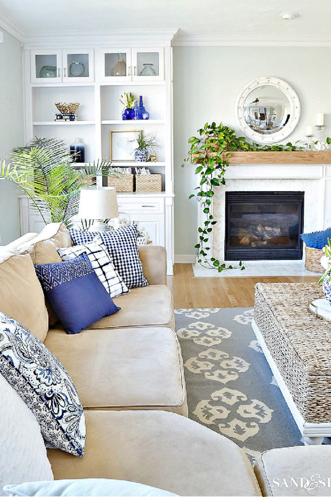 spring living room with blue pillows
