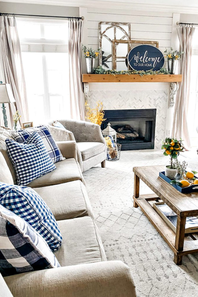 spring living room with blue pillows